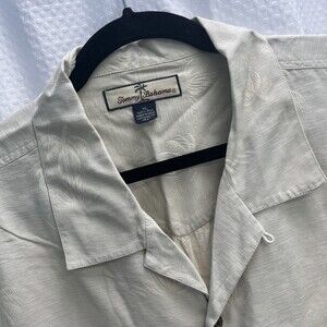 Tommy Bahama Mens Ivory 100% Silk Classic Palm Tree Camp Shirt Jacquard XL